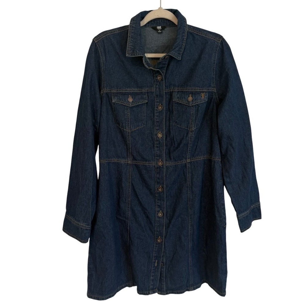 Frye Womens Dark Wash Denim Button Front Mini Dress Long Sleeve Blue Large L